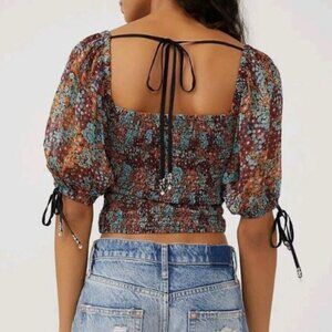Free People:  Boho Smocked Crop Top, Size S, Floral on Black